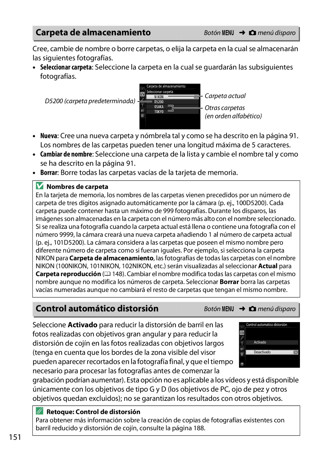 Nikon D5200 manual Carpeta de almacenamiento, Control automático distorsión, 151, Nombres de carpeta 