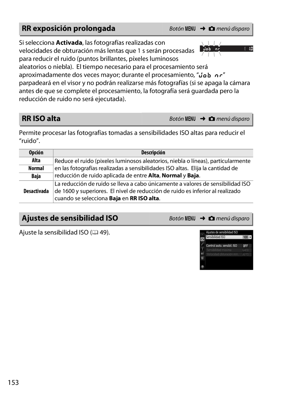 Nikon D5200 manual RR exposición prolongada, RR ISO alta, Ajustes de sensibilidad ISO, 153, Ajuste la sensibilidad ISO 0 