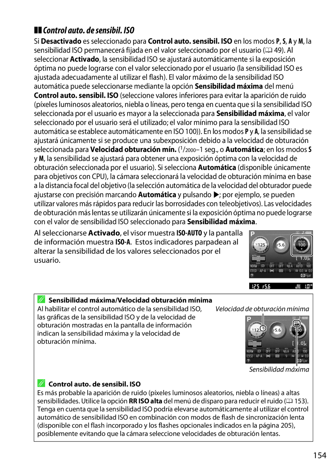 Nikon D5200 manual Control auto. de sensibil. ISO, 154, Sensibilidad máxima/Velocidad obturación mínima 