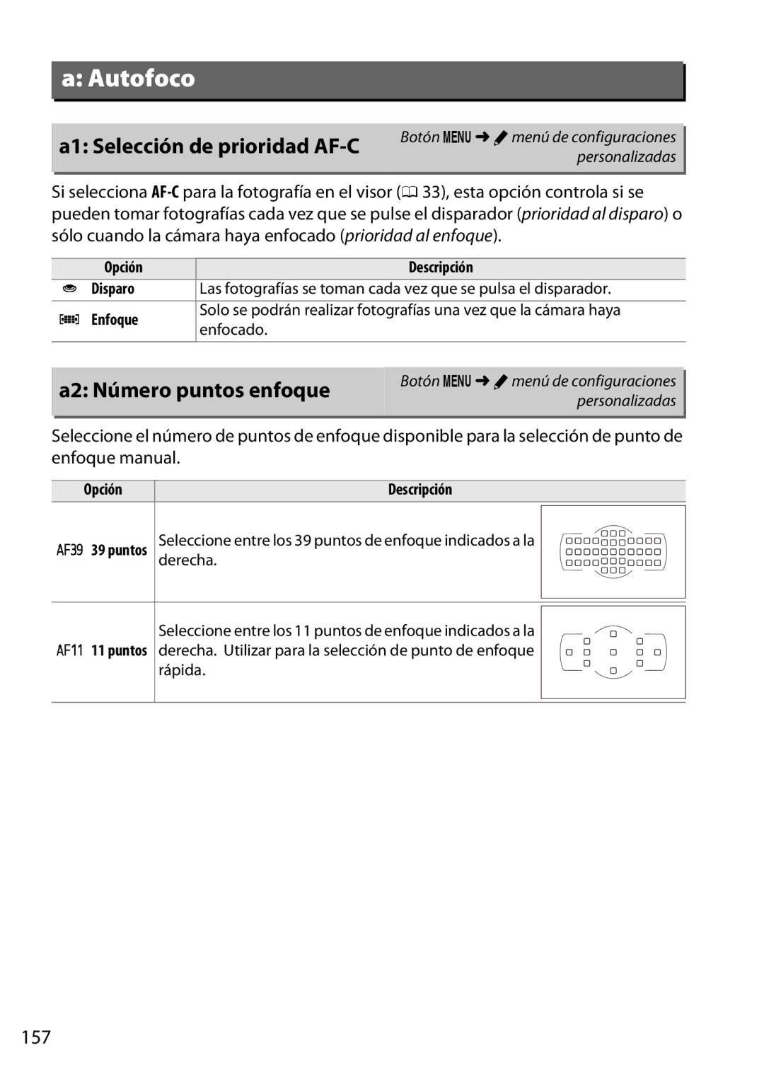 Nikon D5200 manual A1 Selección de prioridad AF-C, A2 Número puntos enfoque, 157 