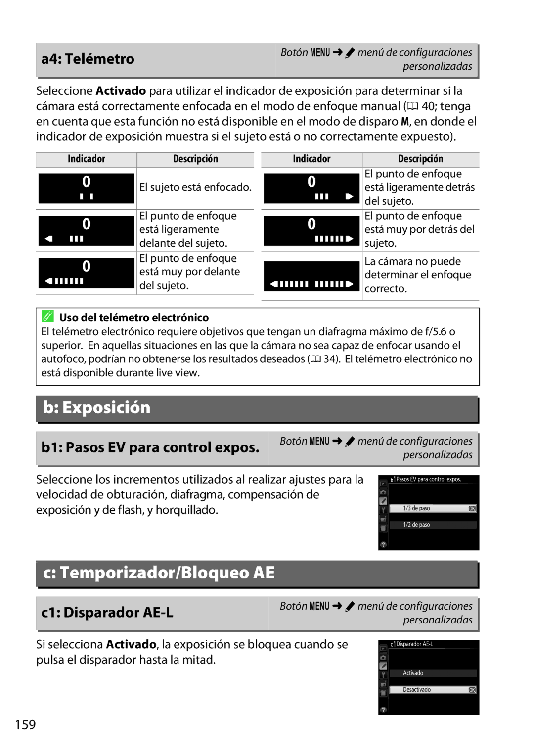 Nikon D5200 manual A4 Telémetro, C1 Disparador AE-L, 159, Indicador Descripción, Uso del telémetro electrónico 