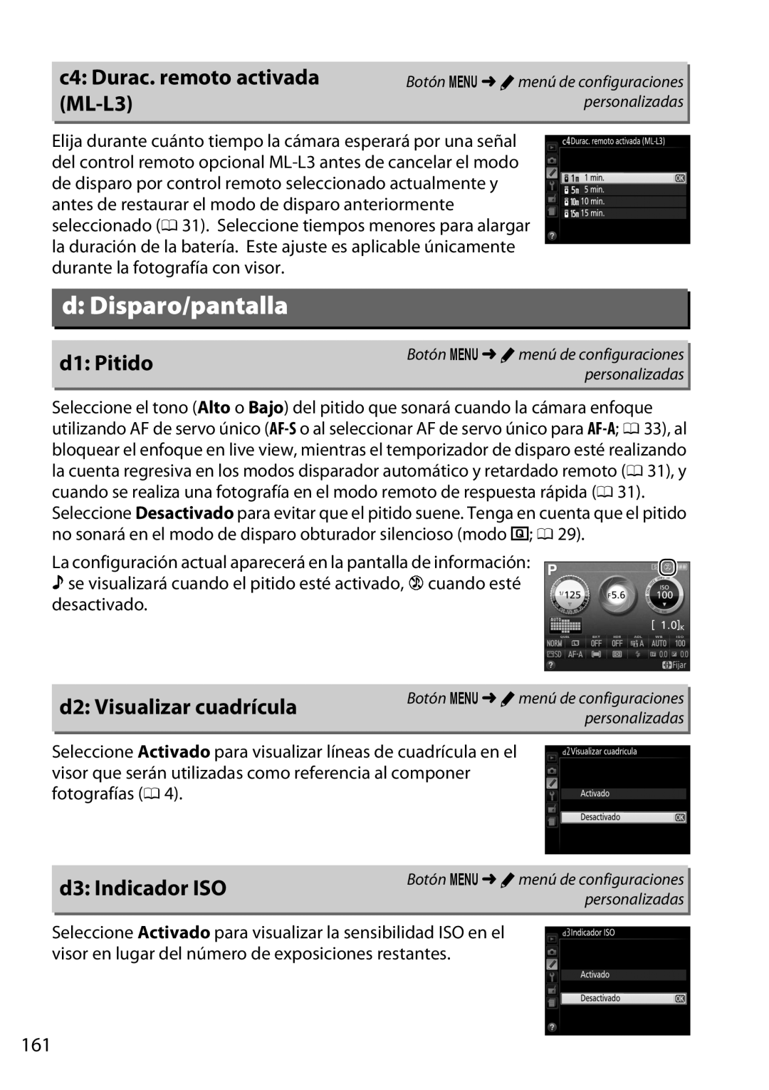 Nikon D5200 manual C4 Durac. remoto activada ML-L3, D1 Pitido, D2 Visualizar cuadrícula, D3 Indicador ISO, 161 