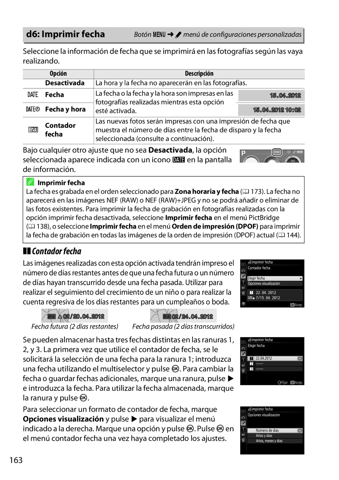 Nikon D5200 manual D6 Imprimir fecha, Contador fecha, 163 