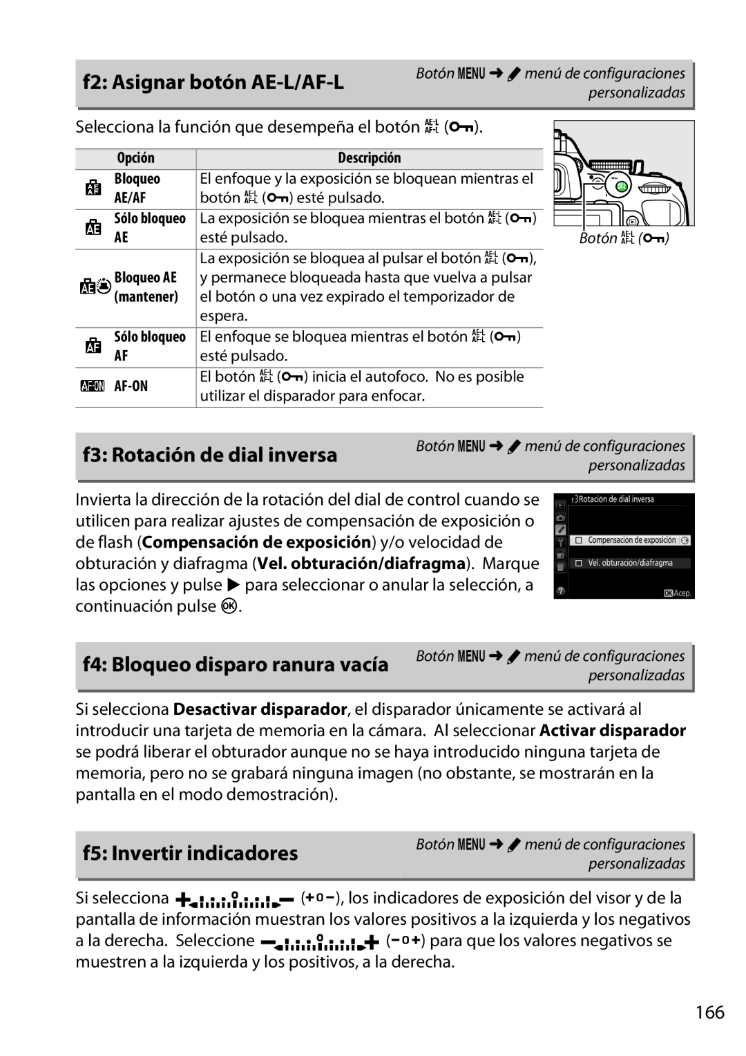 Nikon D5200 manual F2 Asignar botón AE-L/AF-L, F3 Rotación de dial inversa, F4 Bloqueo disparo ranura vacía, 166 