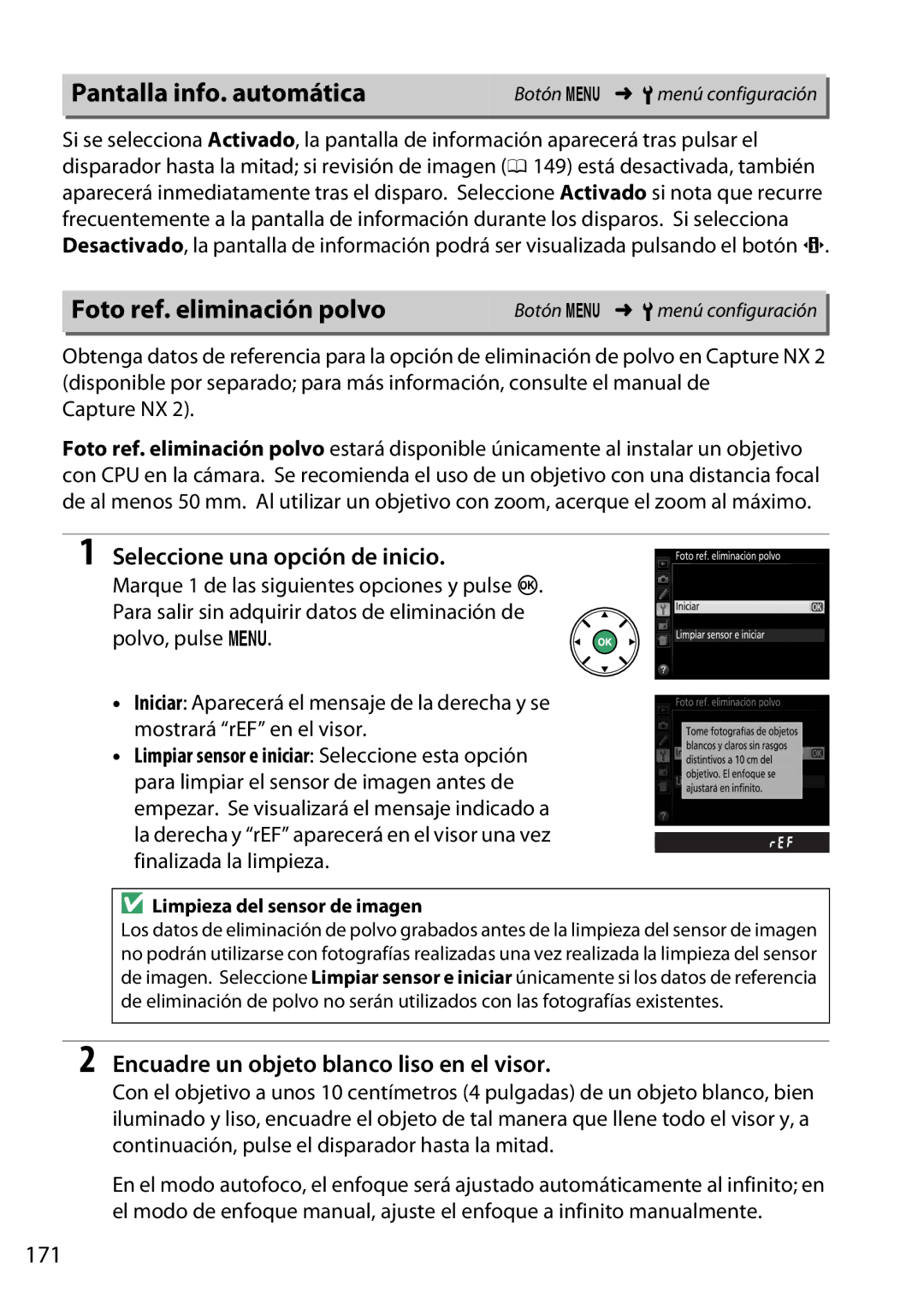 Nikon D5200 manual Pantalla info. automática, Foto ref. eliminación polvo, Seleccione una opción de inicio, 171 