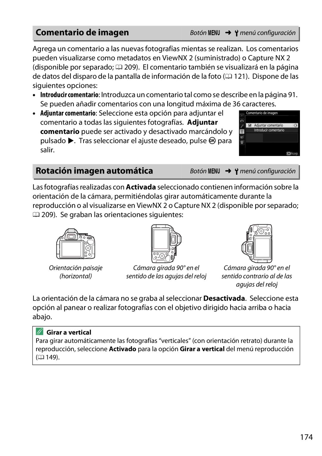 Nikon D5200 manual Comentario de imagen, Rotación imagen automática, 174, Se graban las orientaciones siguientes 