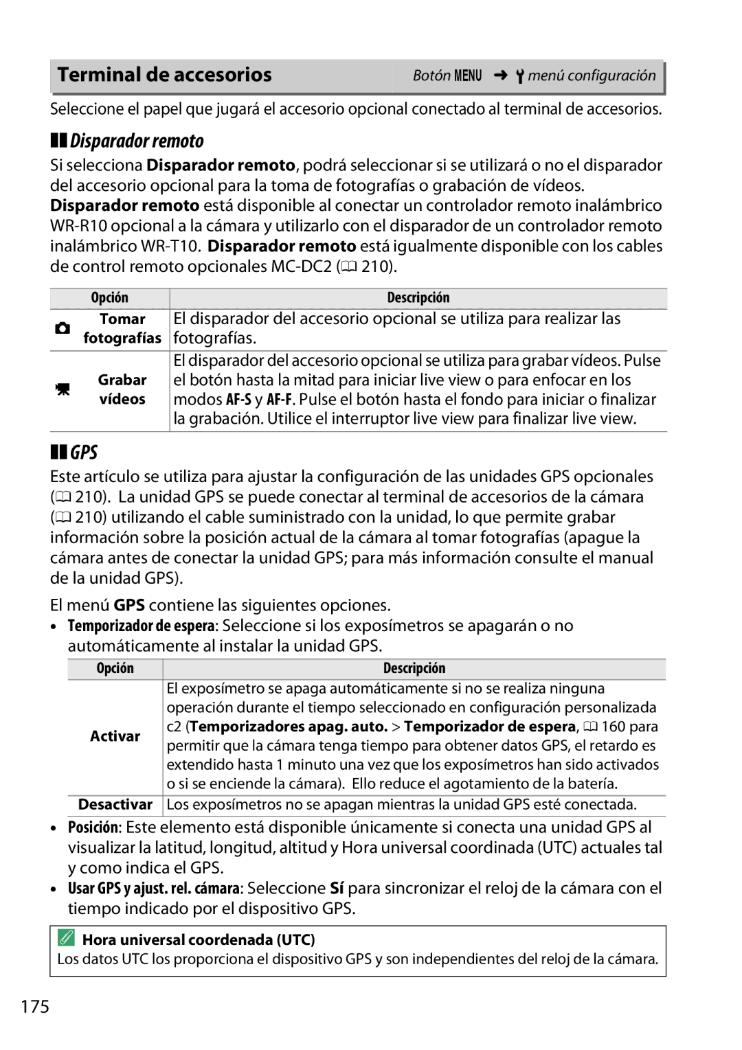 Nikon D5200 manual Terminal de accesorios, Disparador remoto, Gps, 175, Hora universal coordenada UTC 