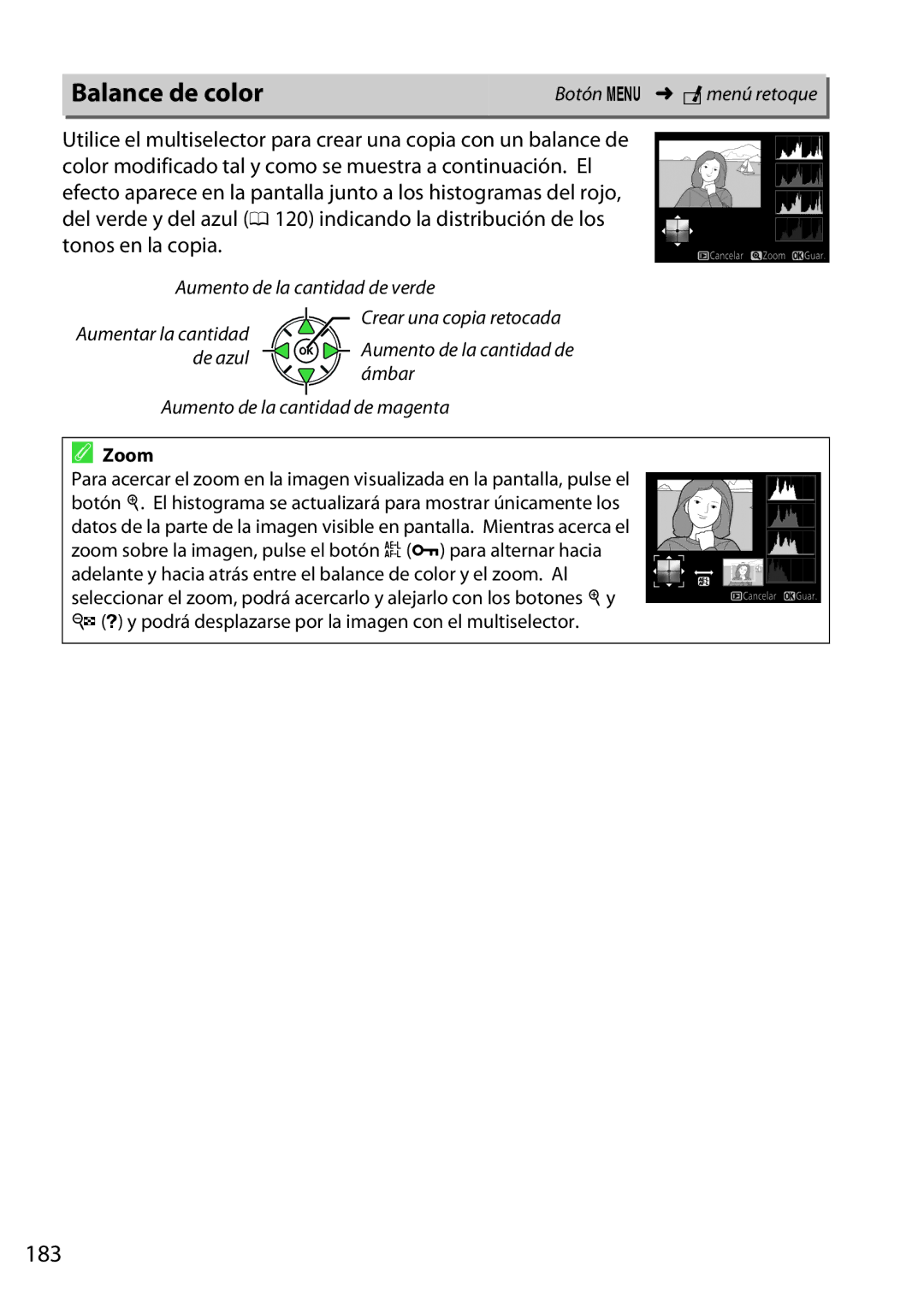 Nikon D5200 manual Balance de color, 183, Zoom 