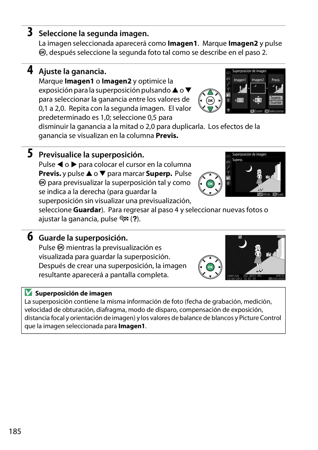 Nikon D5200 Seleccione la segunda imagen, Ajuste la ganancia, Previsualice la superposición, Guarde la superposición, 185 
