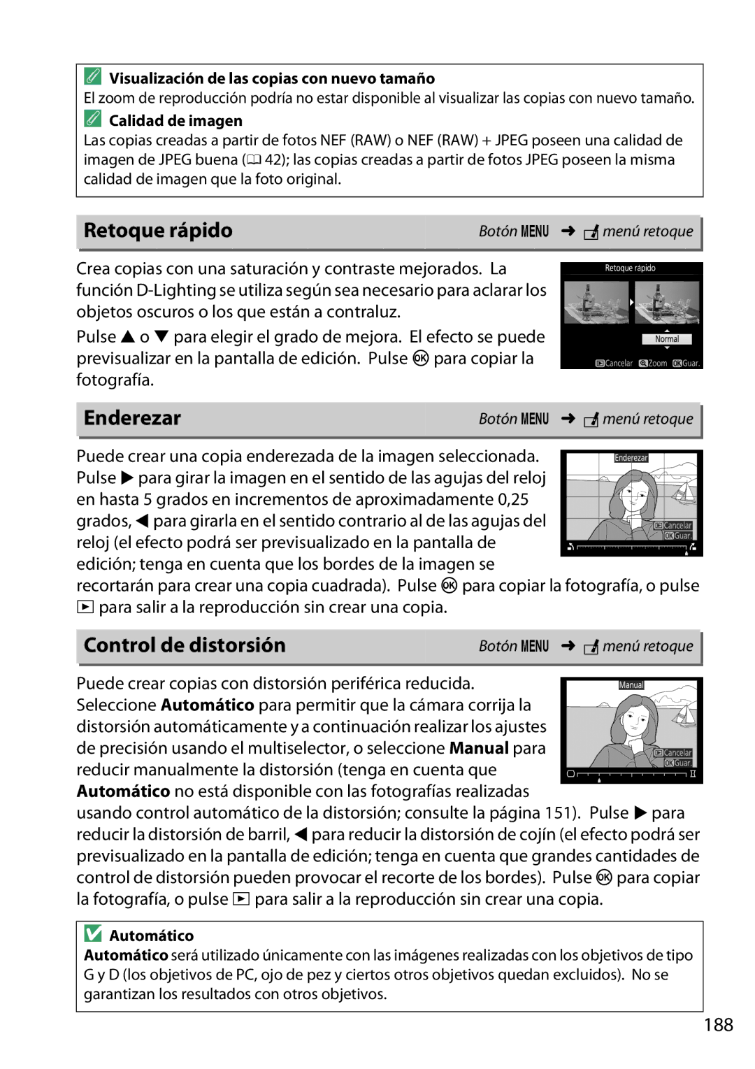 Nikon D5200 manual Retoque rápido, Enderezar, Control de distorsión, 188, Visualización de las copias con nuevo tamaño 