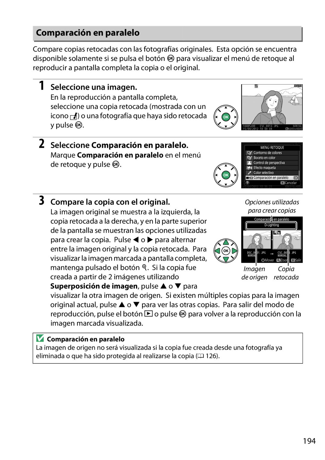 Nikon D5200 manual Seleccione Comparación en paralelo, Compare la copia con el original, 194 