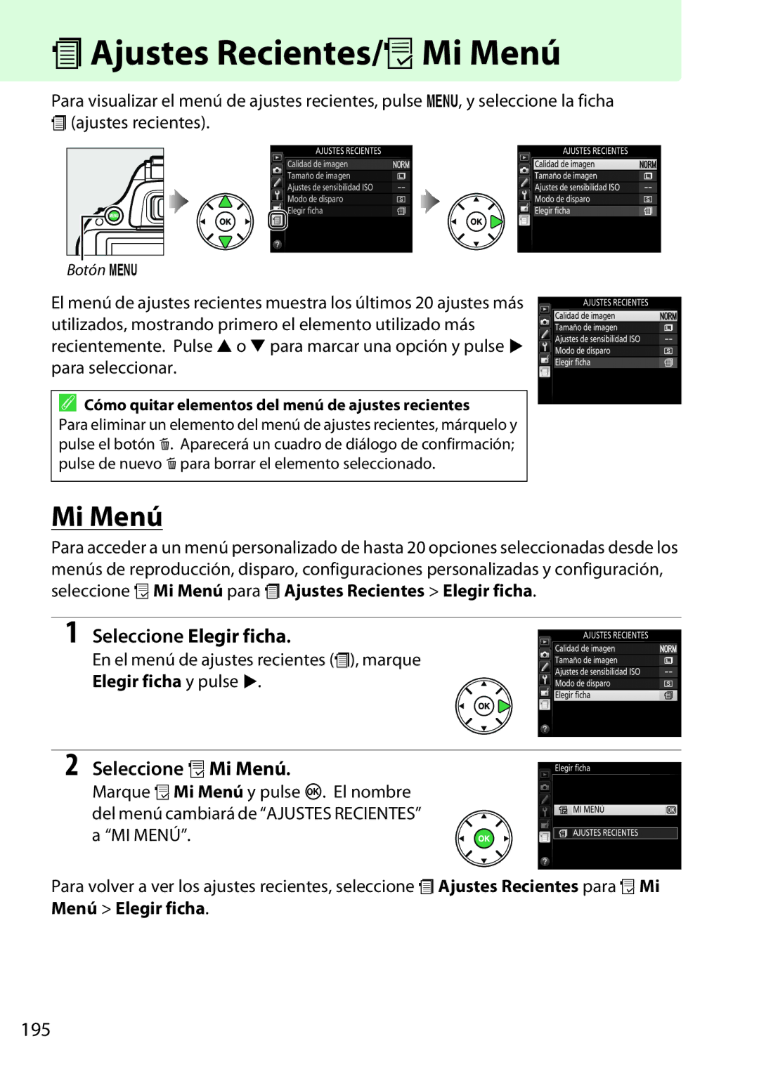 Nikon D5200 manual MAjustes Recientes/OMi Menú, Seleccione Elegir ficha, Seleccione OMi Menú, 195 