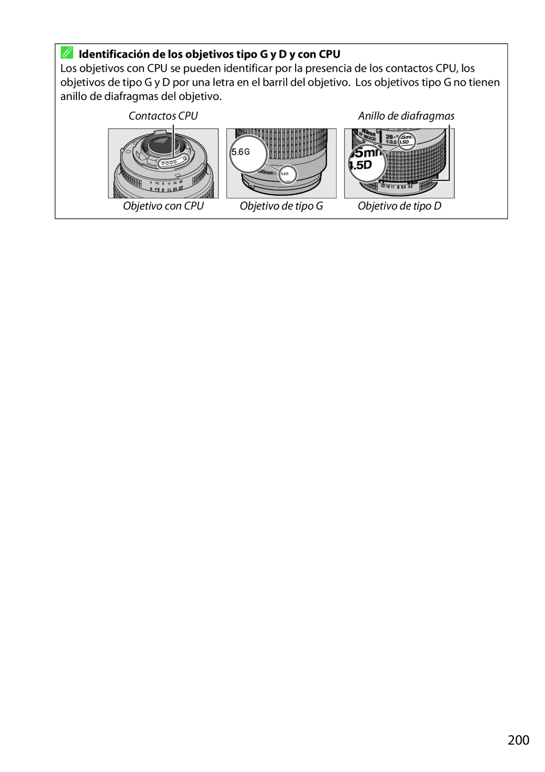 Nikon D5200 manual Identificación de los objetivos tipo G y D y con CPU 