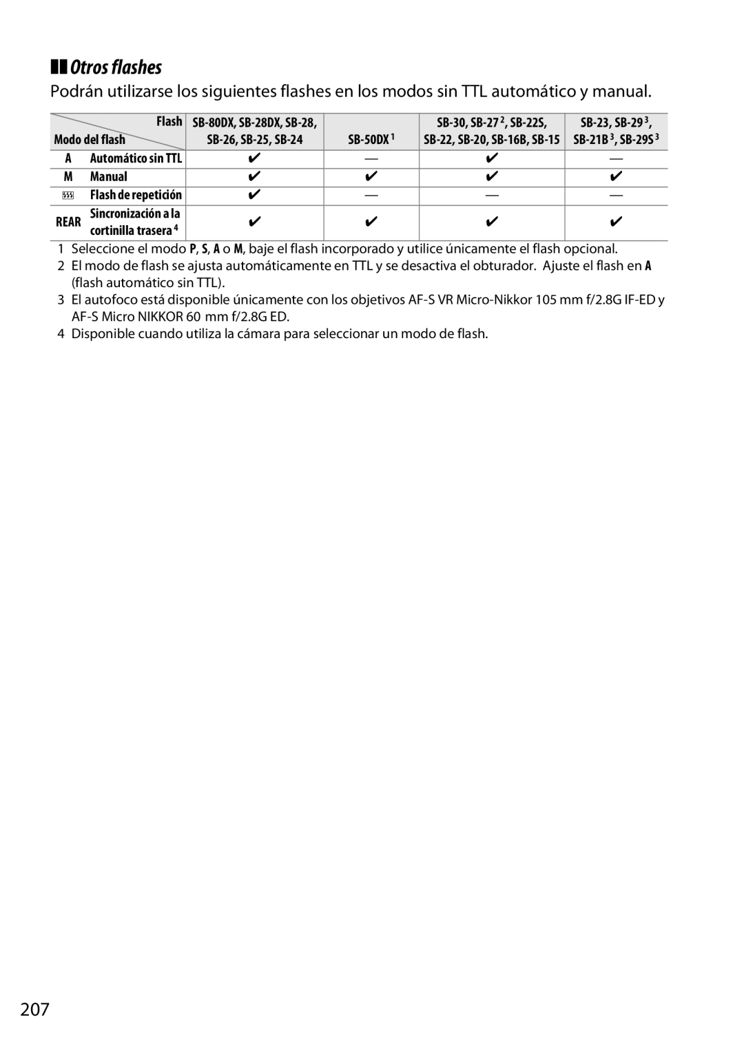 Nikon D5200 manual Otros flashes, 207, Modo del flash 