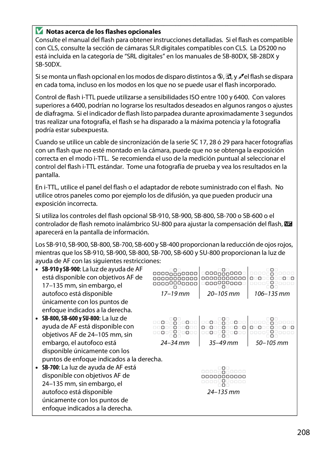 Nikon D5200 manual 208, Notas acerca de los flashes opcionales 