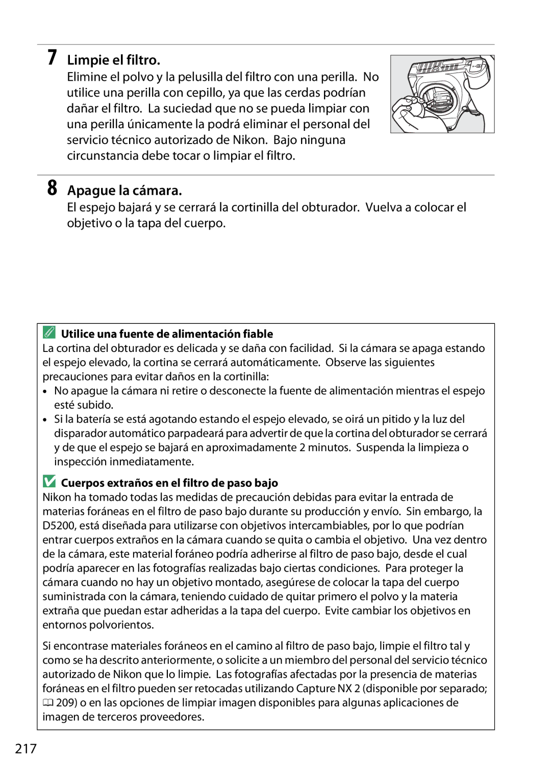 Nikon D5200 manual Limpie el filtro, 217, Cuerpos extraños en el filtro de paso bajo 