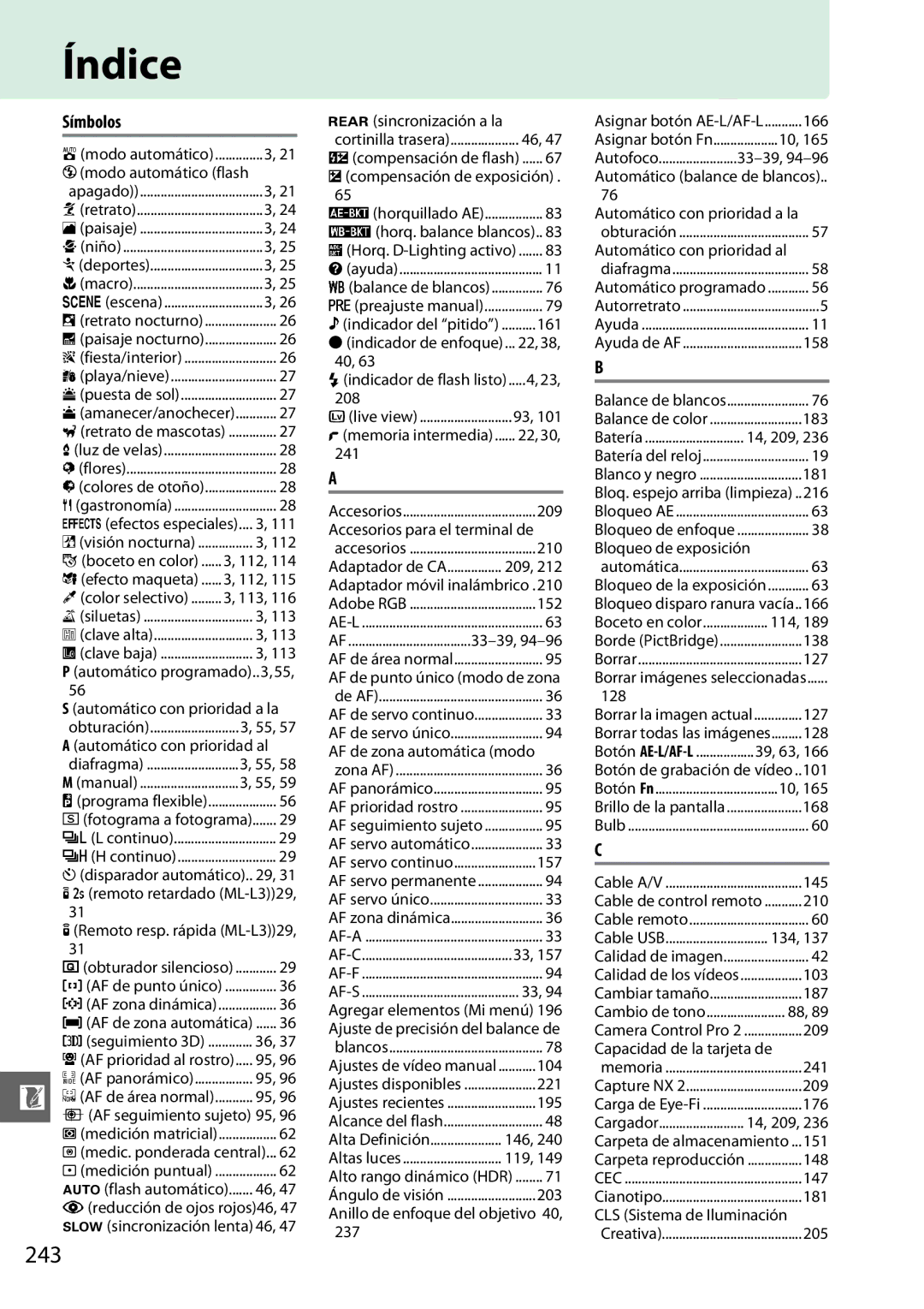 Nikon D5200 manual Índice, 243, Símbolos 