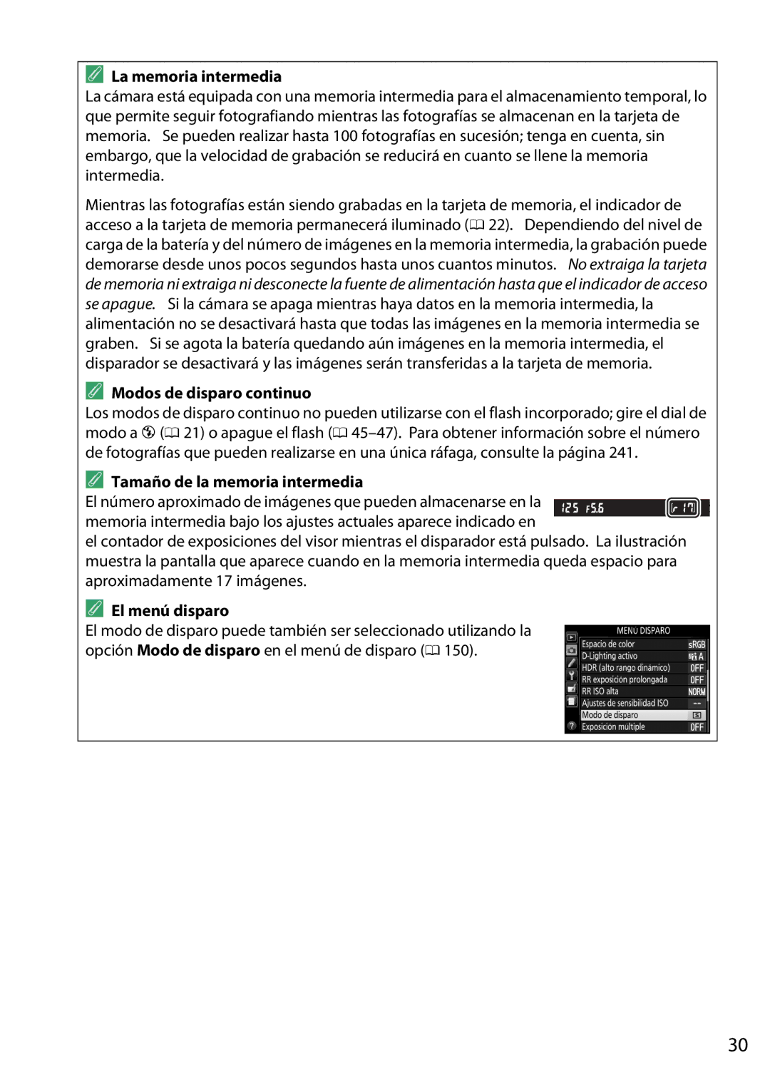 Nikon D5200 manual La memoria intermedia, Modos de disparo continuo, Tamaño de la memoria intermedia, El menú disparo 