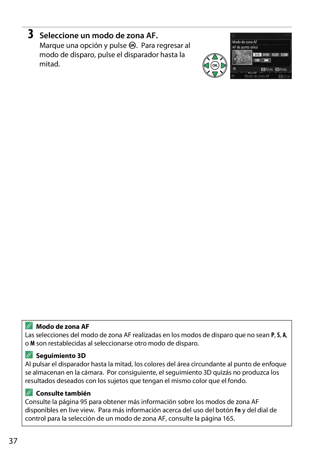 Nikon D5200 manual Seleccione un modo de zona AF, Modo de zona AF, Seguimiento 3D 