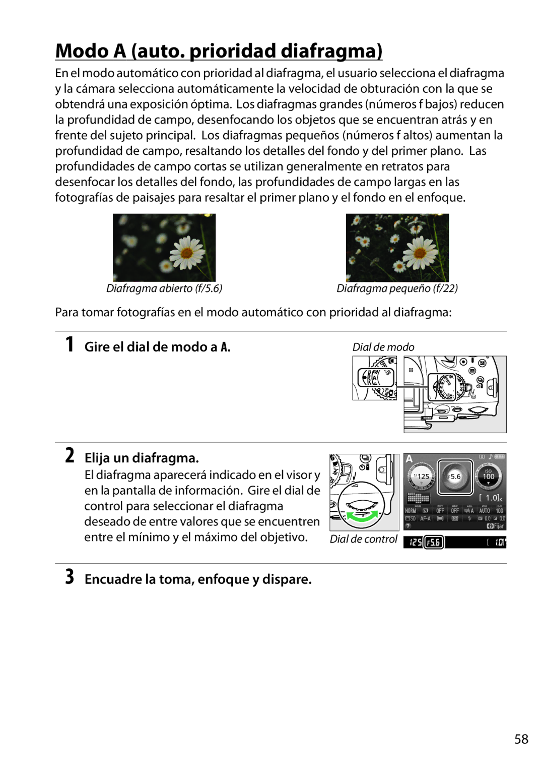 Nikon D5200 manual Modo a auto. prioridad diafragma, Elija un diafragma, Control para seleccionar el diafragma 