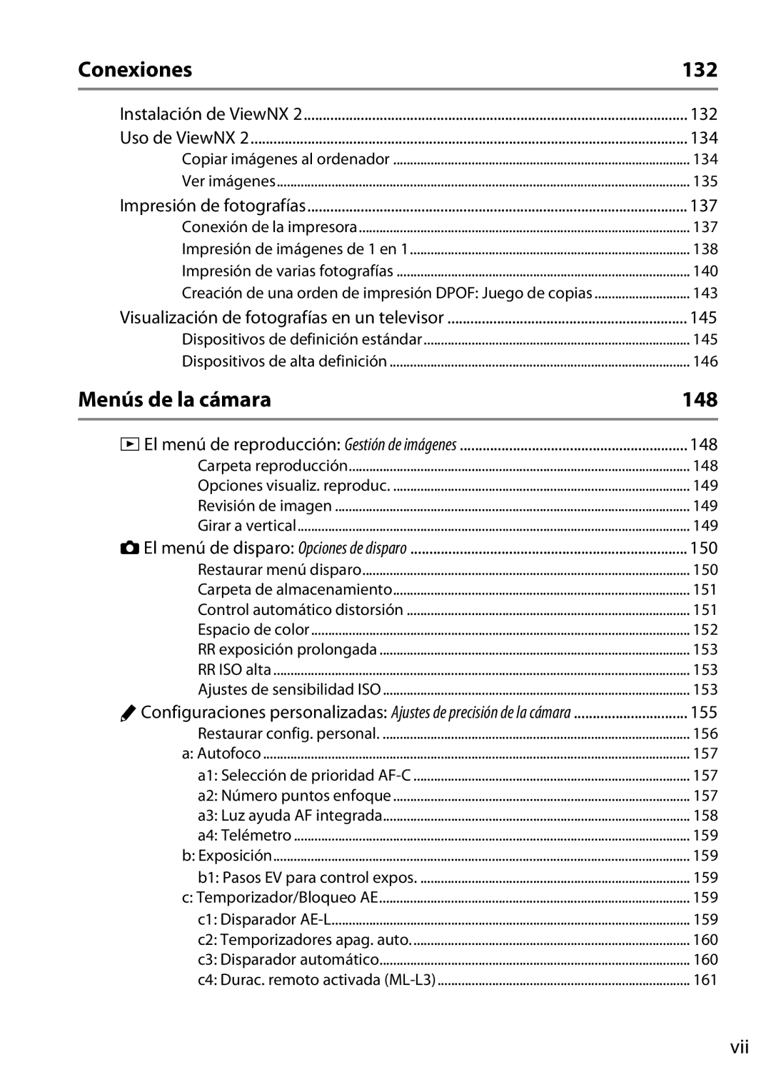 Nikon D5200 manual Conexiones 132, Menús de la cámara 148, Vii 