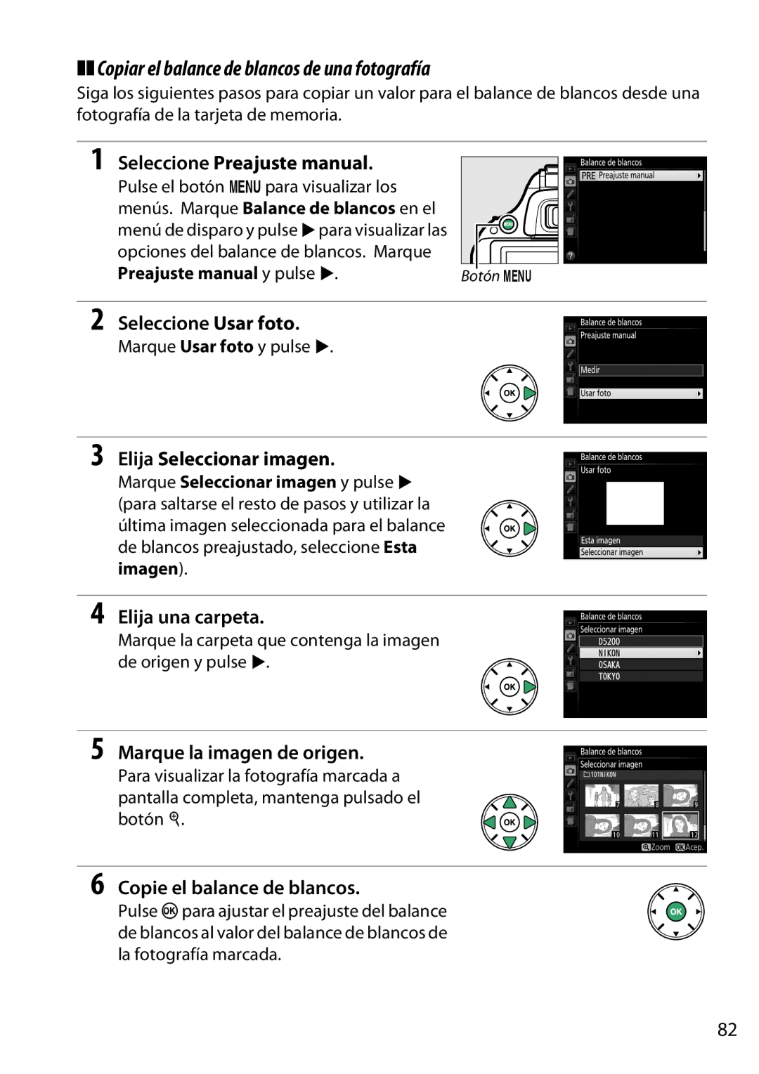 Nikon D5200 manual Copiar el balance de blancos de una fotografía 