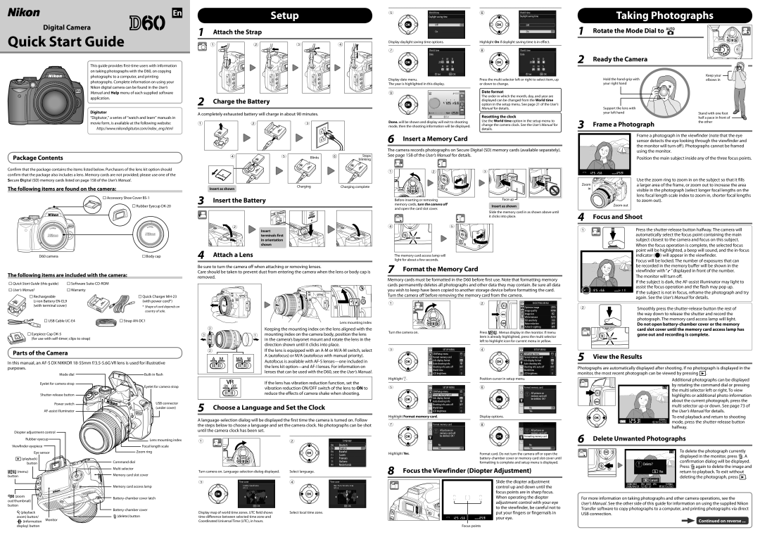 Nikon D60 quick start Attach the Strap, Rotate the Mode Dial to e, Ready the Camera, Charge the Battery, Attach a Lens 
