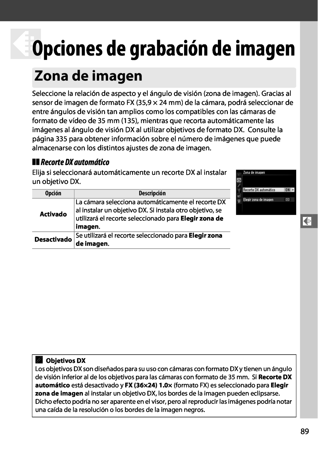 Nikon D600 manual dOpciones de grabación de imagen, Zona de imagen, Recorte DX automático 
