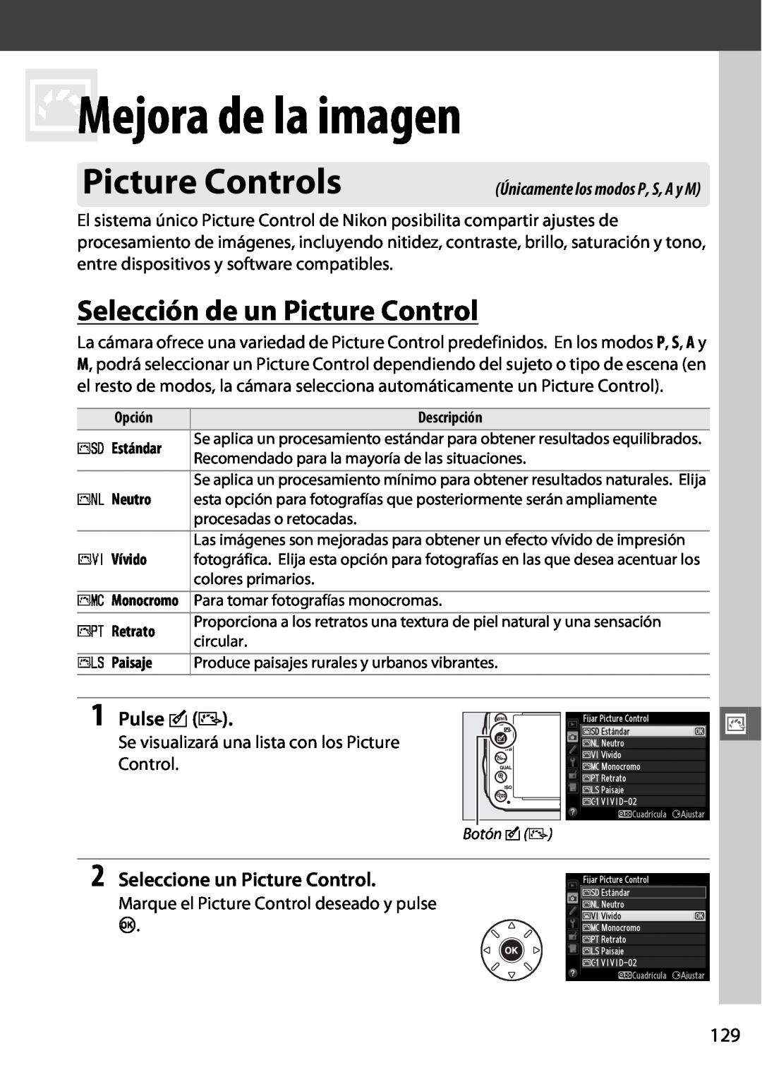 Nikon D600 manual JMejora de la imagen, Picture Controls, Selección de un Picture Control, Pulse c b, Botón cb 