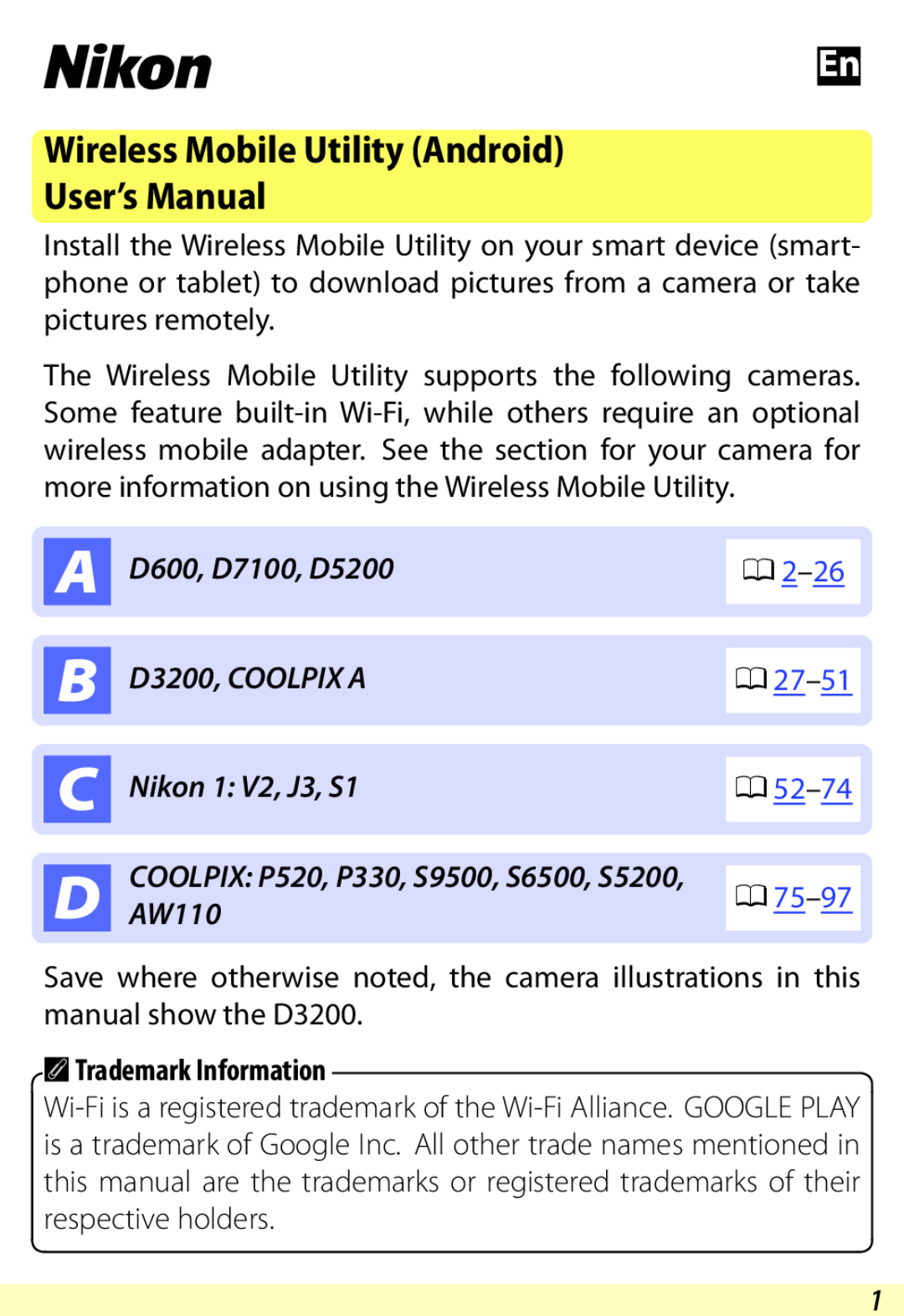 Nikon user manual Wireless Mobile Utility Android User’s Manual, A Trademark Information, D600, D7100, D5200, AW110 