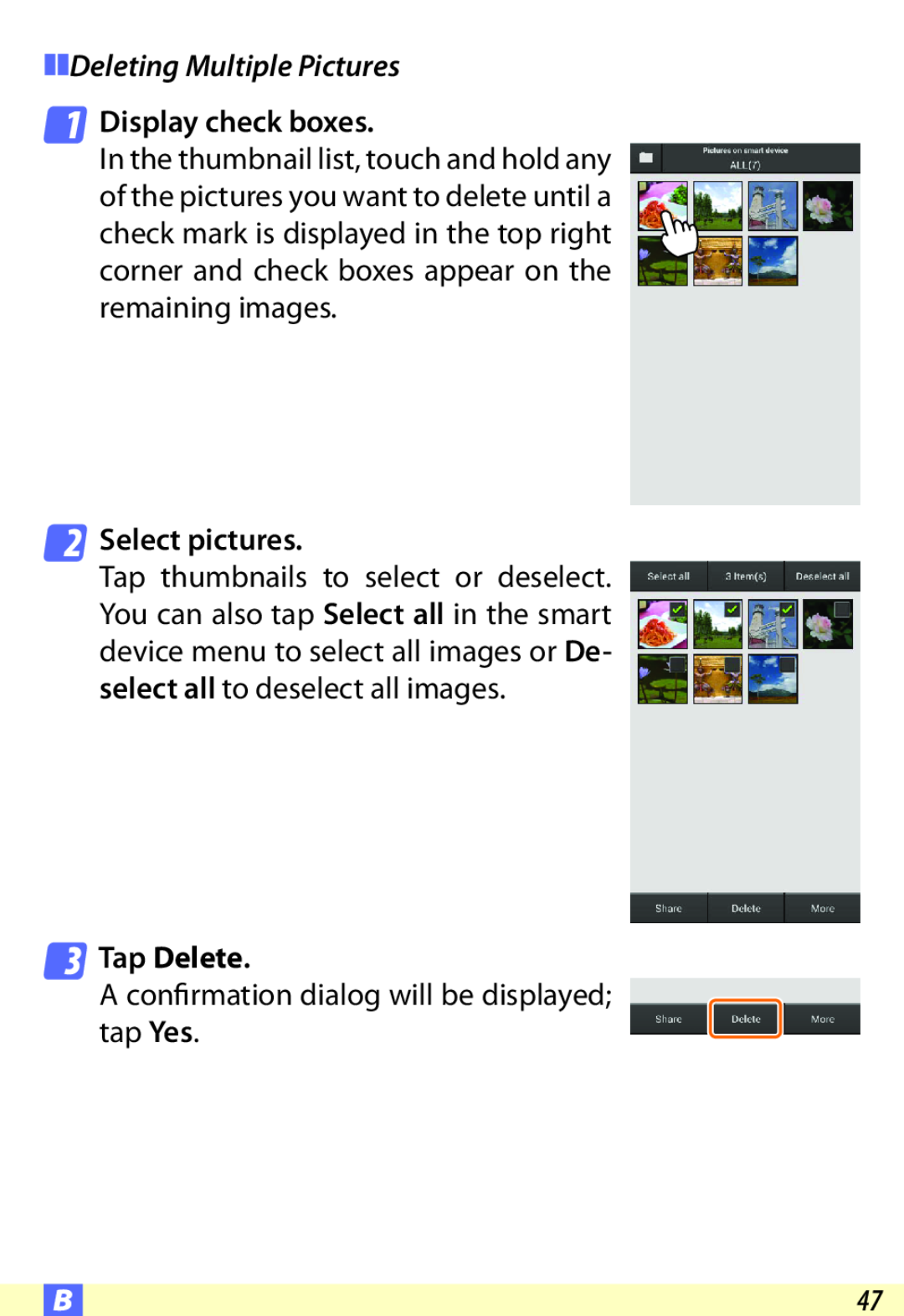Nikon D600 user manual zzDeleting Multiple Pictures, Display check boxes, Select pictures, Tap Delete 