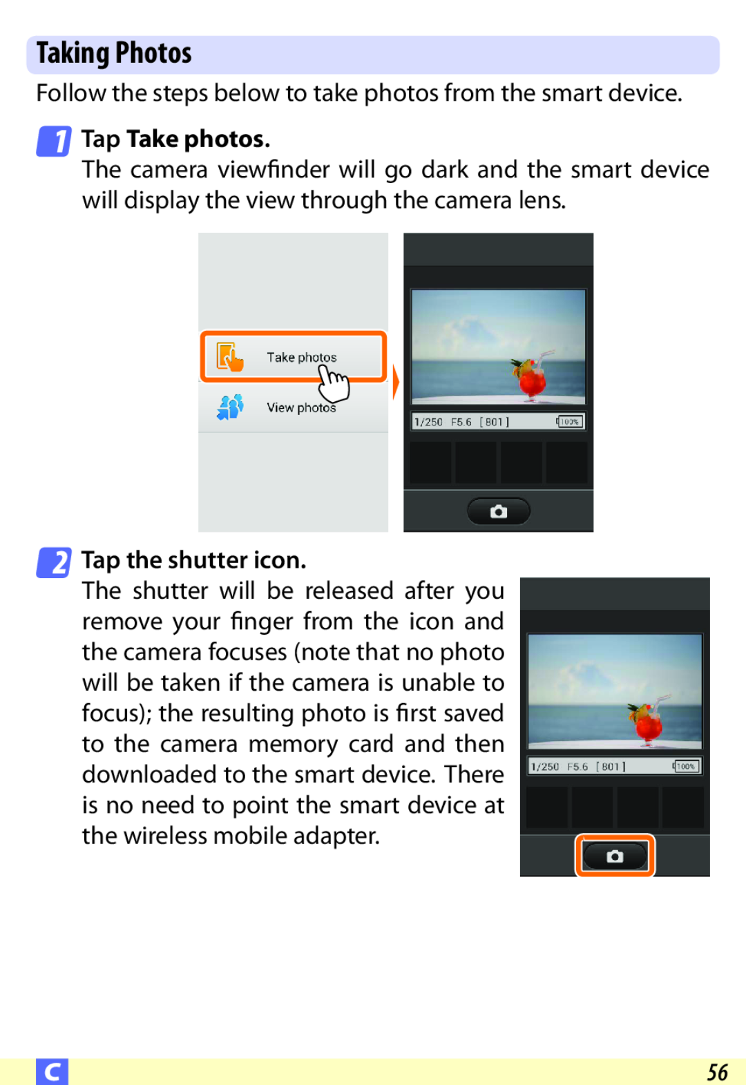 Nikon D600 user manual Taking Photos, Tap Take photos, Tap the shutter icon 