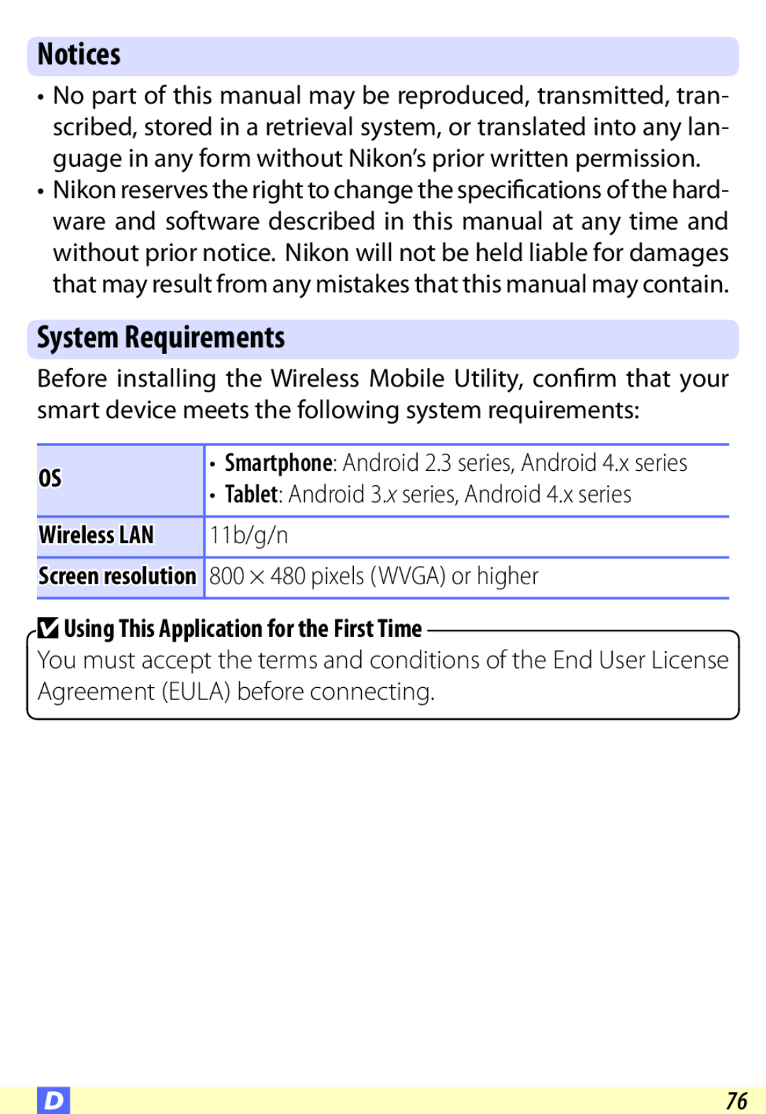 Nikon D600 user manual Notices, System Requirements, 11b/g/n, 800 × 480 pixels WVGA or higher, Wireless LAN 
