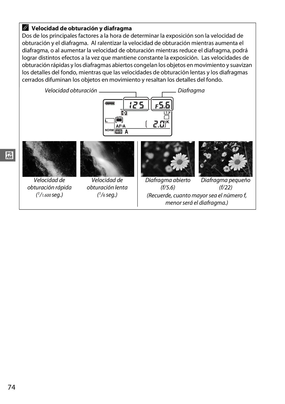 Nikon D600 manual Velocidad de obturación y diafragma, Velocidad de Diafragma abierto 