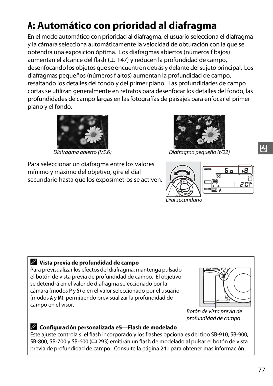 Nikon D600 manual Automático con prioridad al diafragma, Vista previa de profundidad de campo 