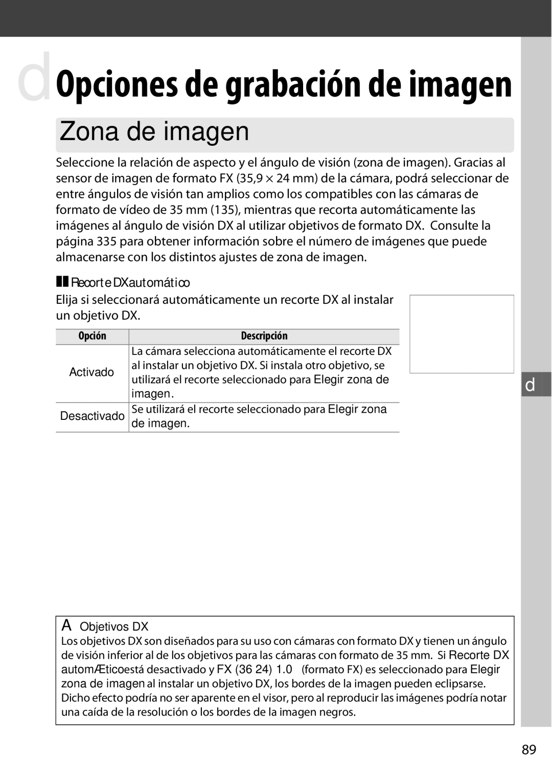 Nikon D600 manual Zona de imagen, Recorte DX automático, Imagen, De imagen, Objetivos DX 