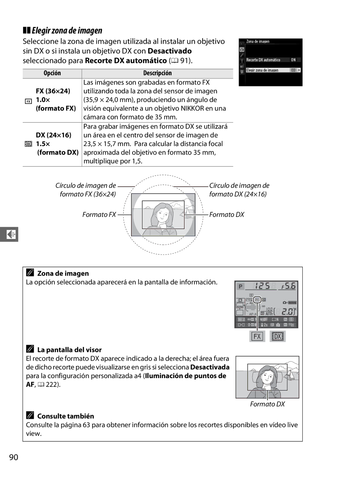 Nikon D600 manual Elegir zona de imagen, Cámara con formato de 35 mm, DX 24×16, La pantalla del visor 