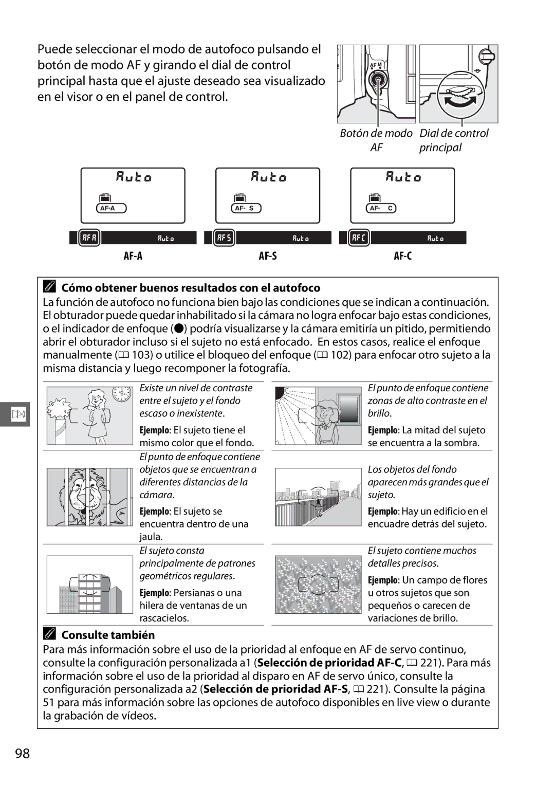Nikon D600 manual Af-A Af-S, Cómo obtener buenos resultados con el autofoco 