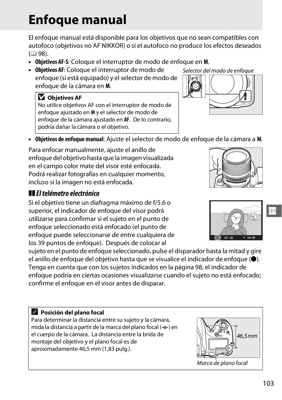 Nikon D600 Enfoque manual, El telémetro electrónico, 103, Confirme el enfoque en el visor antes de disparar 