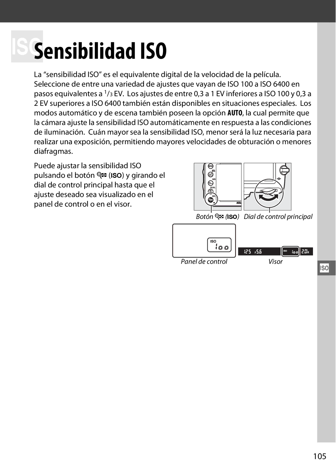 Nikon D600 manual SSensibilidad ISO, 105 