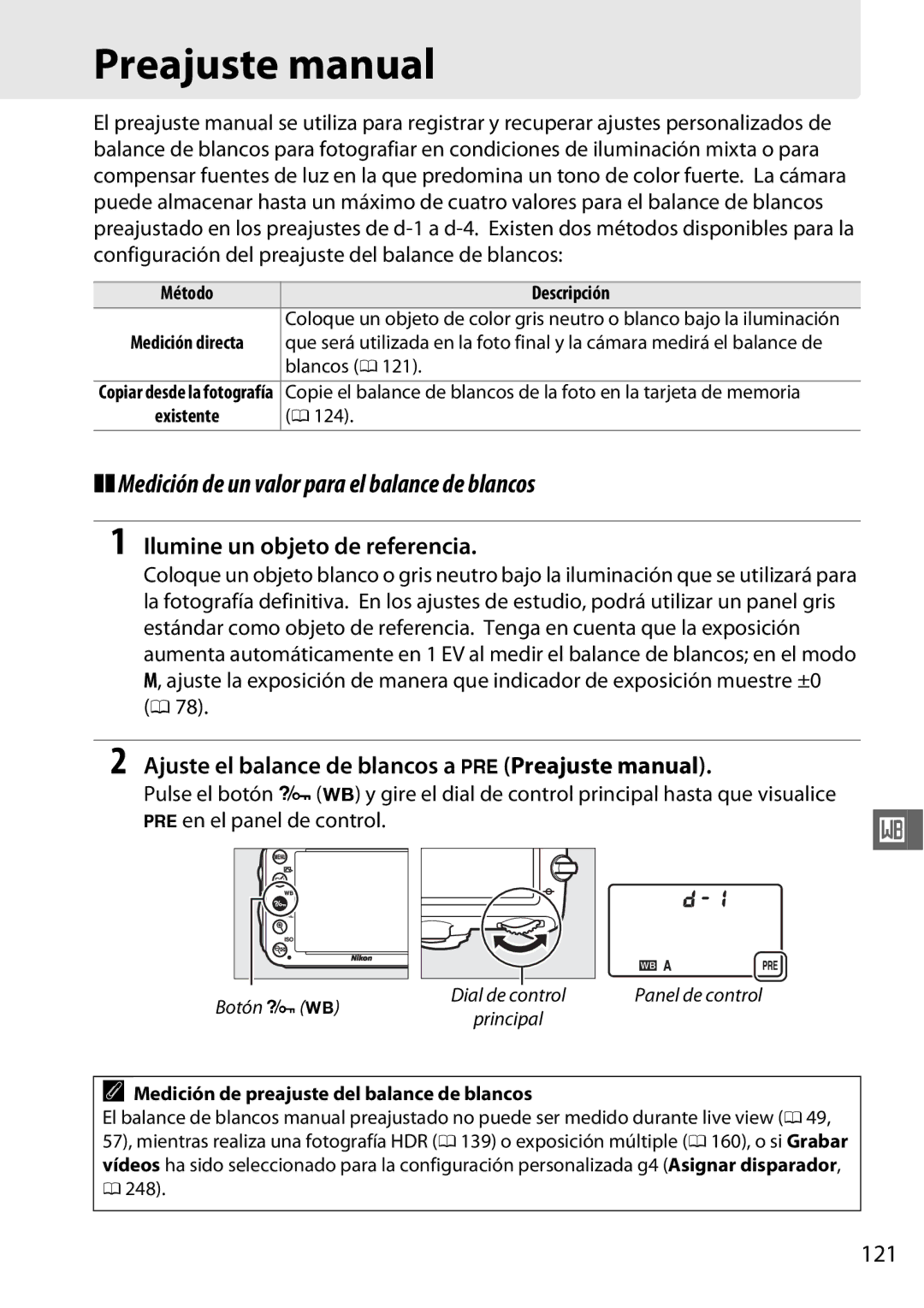 Nikon D600 Preajuste manual, Medición de un valor para el balance de blancos, Ilumine un objeto de referencia, 121 