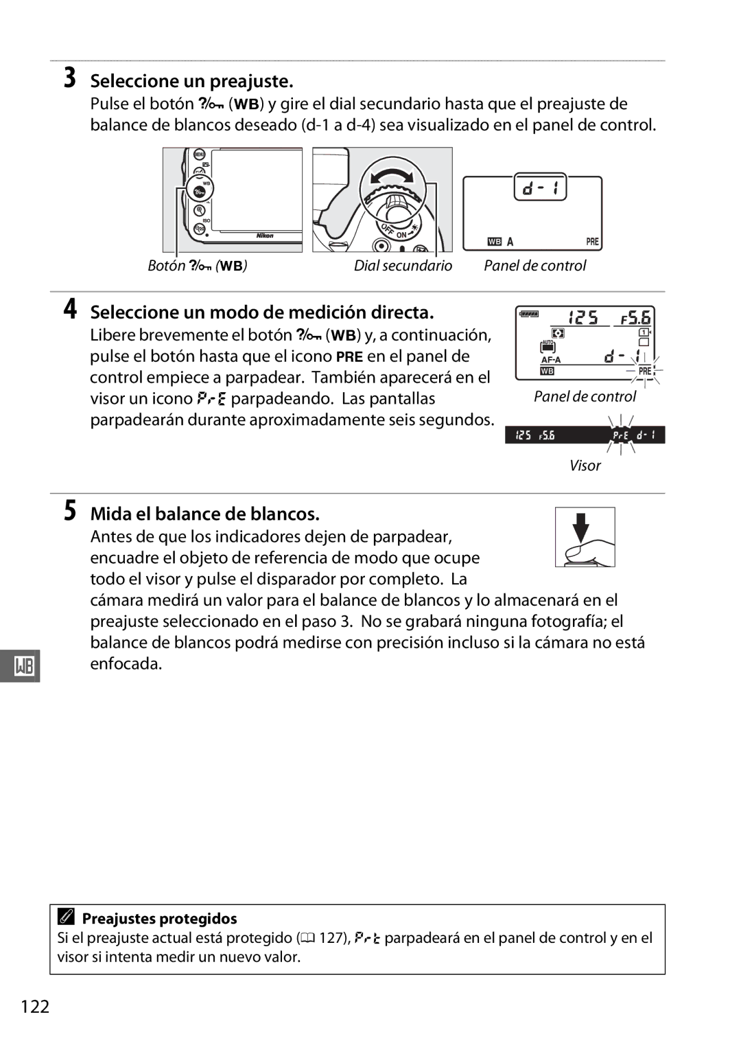 Nikon D600 manual Seleccione un preajuste, Seleccione un modo de medición directa, Mida el balance de blancos, 122 