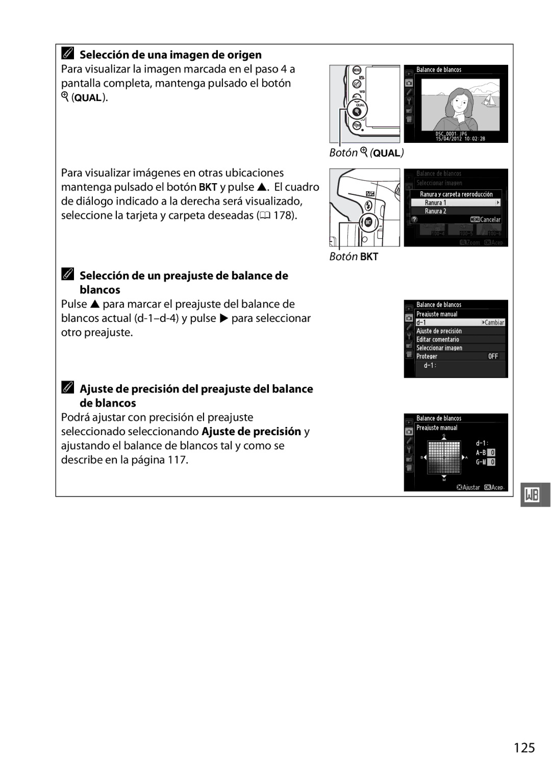 Nikon D600 manual 125, Selección de una imagen de origen, Selección de un preajuste de balance de blancos 