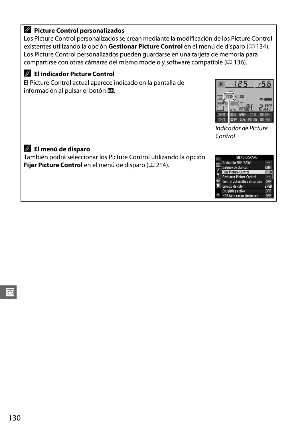 Nikon D600 manual 130, Picture Control personalizados, El indicador Picture Control 