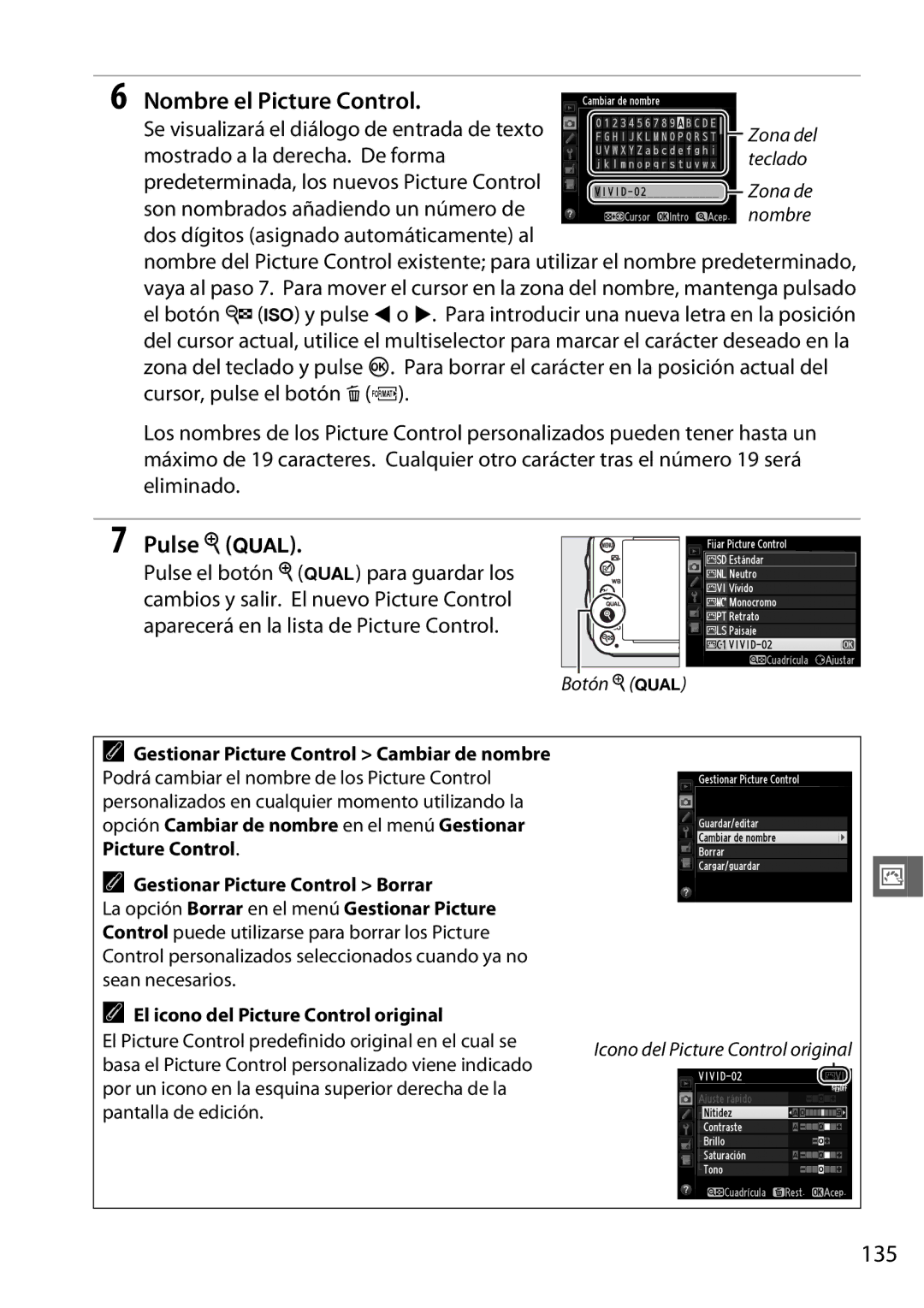 Nikon D600 manual Nombre el Picture Control, Pulse X T, 135, El icono del Picture Control original 