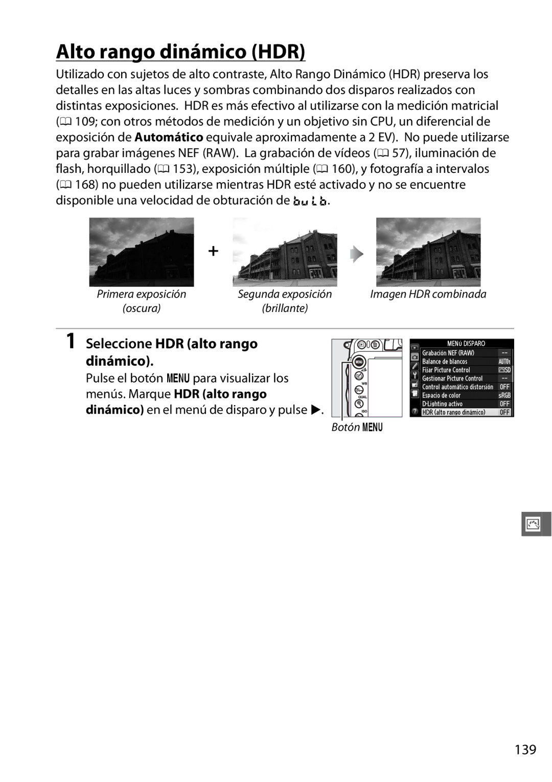 Nikon D600 manual Alto rango dinámico HDR, Seleccione HDR alto rango dinámico, 139 