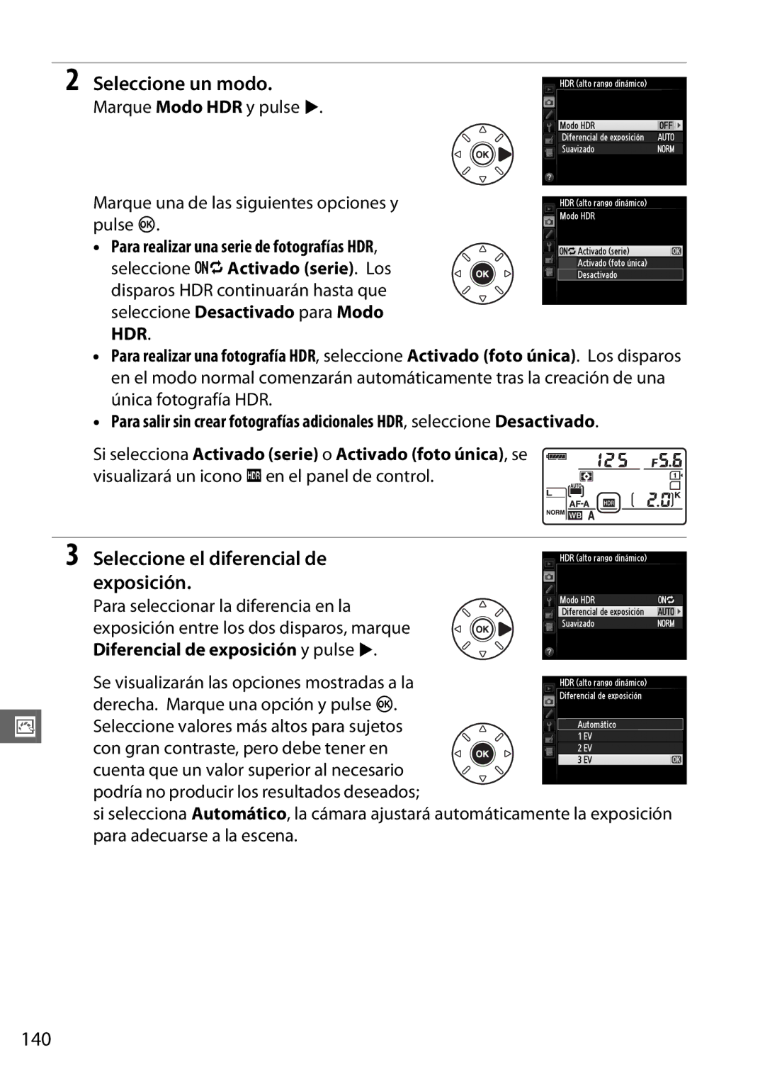 Nikon D600 manual Seleccione un modo, Seleccione el diferencial de exposición, 140 