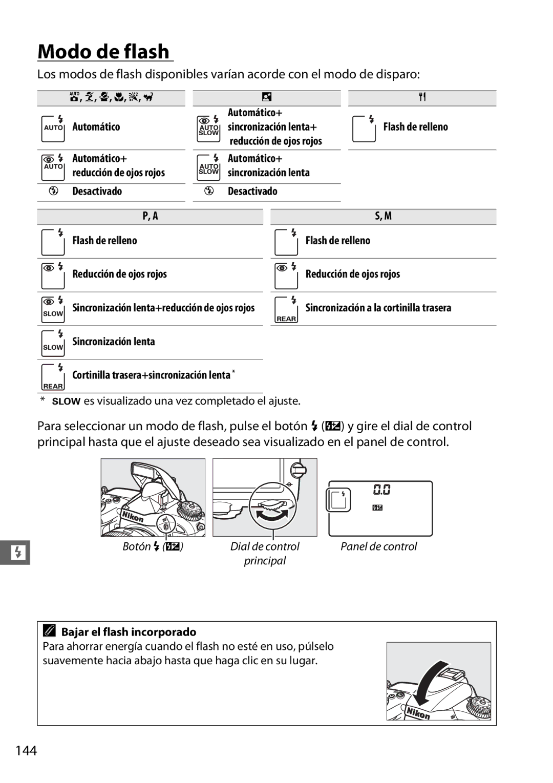 Nikon D600 manual Modo de flash, 144 