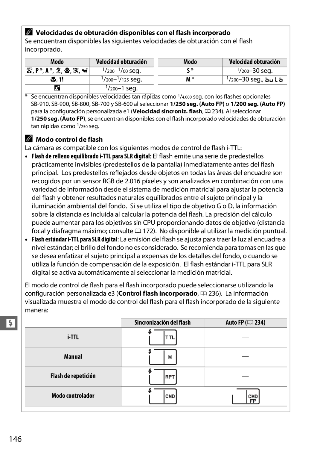 Nikon D600 manual 146, A *, k, p, s, w 200-1/60seg, 200-1/125seg 200-30 seg., a 200-1 seg, Modo control de flash, Auto FP 