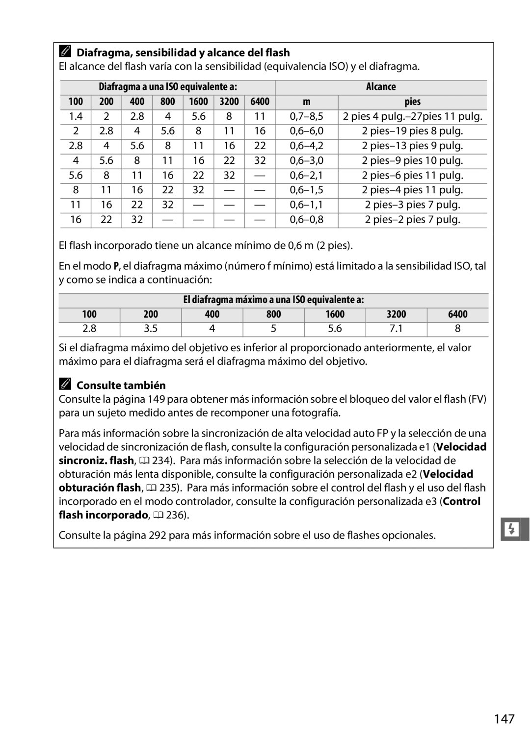 Nikon D600 manual 147, Diafragma, sensibilidad y alcance del flash, Alcance, Flash incorporado, 0 